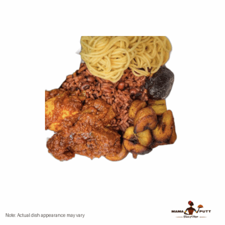 Waakye served with spaghetti and shitto sauce